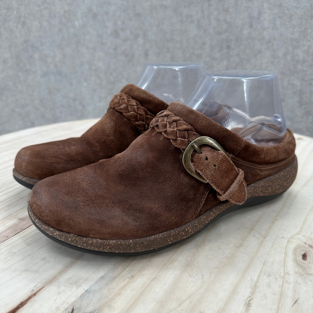 Aetrex Libby Brown Suede Braided Buckle Mules 7.5 Comfort Slip On Clogs Shoes